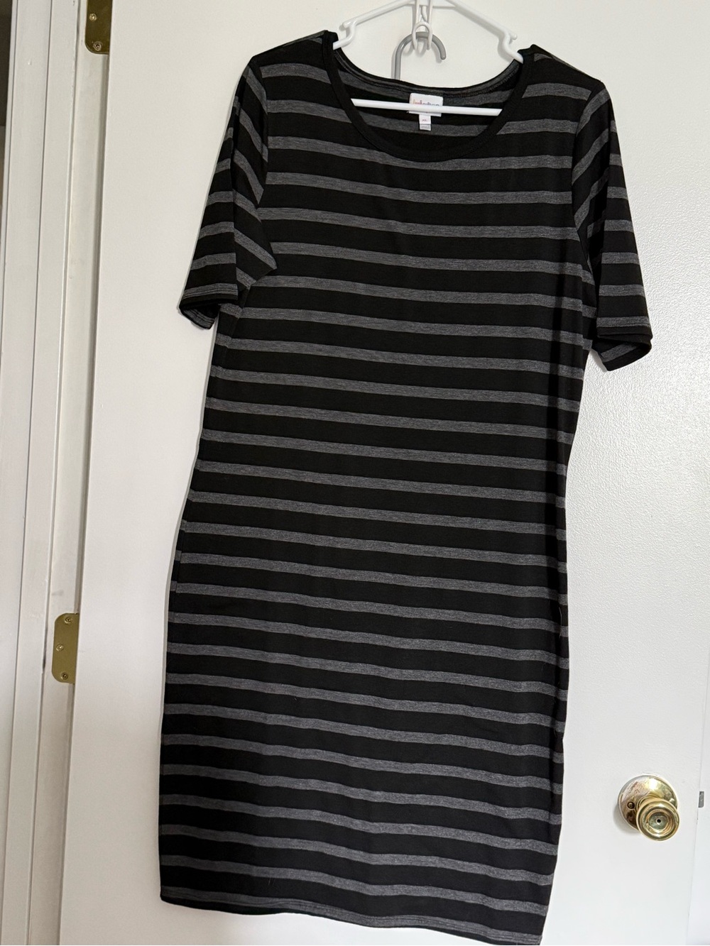 Lularoe Julia- Women's Black and Gray Striped Short Sleeve Dress